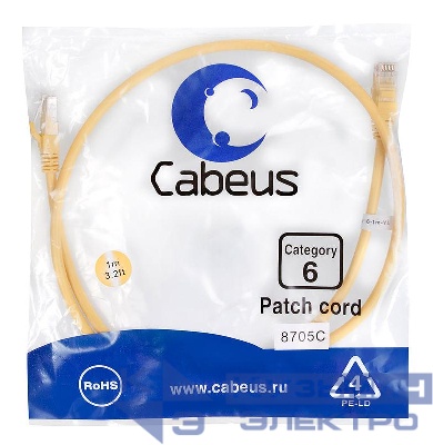 Патч-корд U/UTP кат.6 PC-UTP-RJ45-Cat.6-1m-YL 2xRJ45/8p8c неэкранир. PVC 1м желт. Cabeus 8705c