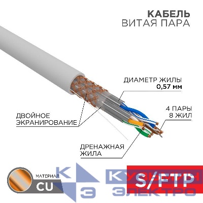 Кабель витая пара S/FTP кат.6A 4х2х23AWG LSZH нг(А)-HF INDOOR SOLID сер. (305м) (м) PRO Rexant 02-0325