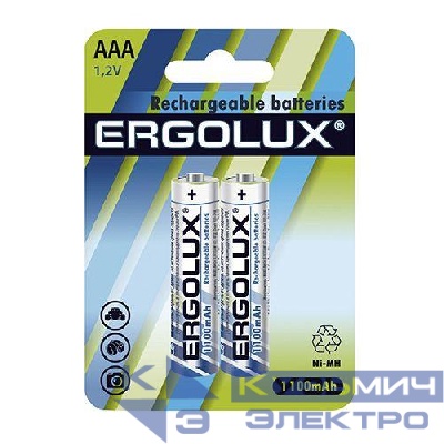 Аккумулятор AAA/HR03 1.2В 1100мА.ч Ni-MH NHAAA1100BL2 BL-2 металлик (блист.2шт) Ergolux 12446