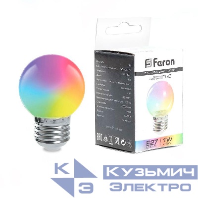 Лампа светодиодная LB-37 1Вт G45 шар матовая E27 230В RGB быстрая смена цвета FERON 38126