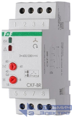 Реле контроля наличия и чередования фаз CKF-BR (монтаж на DIN-рейке 35мм; регулировка порога отключения; регулировка времени отключения; 3х400/230+N 2х8А 1Z 1R IP20) F&F EA04.002.003