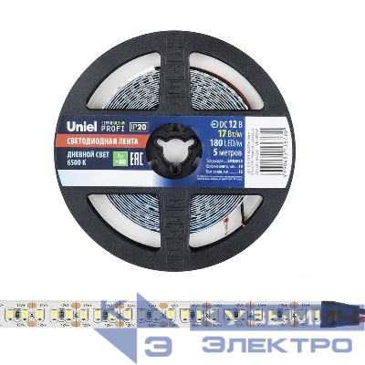 Лента светодиодная ULS-M16-2835-180LED/m-10mm-IP20-DC12V-17W/m-5M-6500K PROFI 17Вт/м 180LED/м 6500К холод. бел. IP20 12В DC 10мм гибкая на самоклеящейся основе герметичн. упак. (уп.5м) Uniel UL-00007641