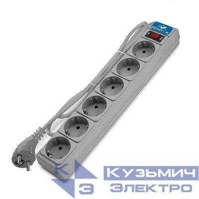 Удлинитель с сетевым фильтром 6х5м с заземл 10А IP20 2.2кВт ПВС 3х1 с выкл. сер. DOMTOK 2520