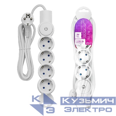 Удлинитель 4х3м с заземл. 10А IP20 ПВС 3х0.75 с выкл. защ. шторки REV 32014 4