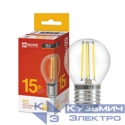 Лампа светодиодная филаментная LED-ШАР-deco шар прозрачная 15Вт 230В E27 3000К 1435лм IN HOME 4690612055978