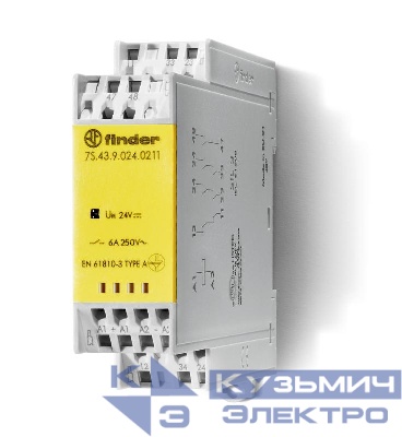 Реле безопасности модульное электромеханич. (реле с принудительным управлением контактами) 2NO+1NC+1 AUX(доп.контакт) 6А AgSnO2 24В DC безвинт. клеммы Push-in 22.5мм IP54 FINDER 7S4390240211