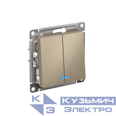 Выключатель 2-кл. AtlasDesign (сх. 5а) 10AX с подсветкой быстрозажим. клем. механизм шампань SE ATN000553S