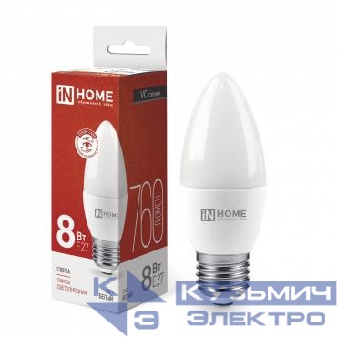 Лампа светодиодная LED-СВЕЧА-VC 8Вт свеча 4000К нейтр. бел. E27 760лм 230В IN HOME 4690612020457