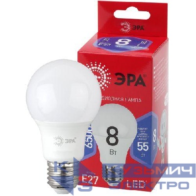Лампа светодиодная RED LINE LED A60-8W-865-E27 R 8Вт A60 груша 6500К холод. бел. E27 Эра Б0045323