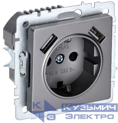 Розетка BRITE РЮш10-1-БрС 16А с USB A+A 2.1А с заземл. защ. шторки механизм сталь IEK BR-R14-16-U21-D21-K46