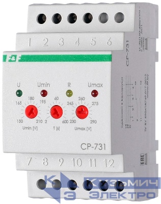 Реле напряжения CP-731 (трехфазный; микропроцессорный; контроль верхнего и нижнего значений напряжения; контроль асимметрии; чередования фаз; монтаж на DIN-рейке 35мм 3х400/230+N 2х8А 1Z 1R IP20) F&F EA04.009.005