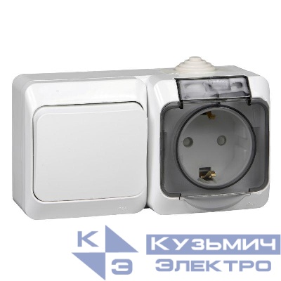 Блок ОП Этюд (1-м розетка 16А 250В евростандарт с заземл. защ. шторки + 1-кл. перекл.) IP44 бел. SE BPA16-246B