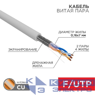 Кабель витая пара F/UTP кат.5e 2х2х24AWG PVC INDOOR медь МЖ сер. (305м) Rexant 01-0125