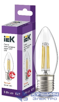 Лампа светодиодная филаментная 360° 5Вт C35 свеча 3000К E27 230В прозр. IEK LLF-C35-5-230-30-E27-CL