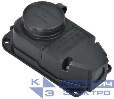 Колодка удлинителя 1-м 16А IP44 с защ. крышкой каучук черн. GENERICA ERK10-016-01-44-K02-G