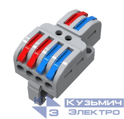 Клемма проходная разветвительная СМК 2x2D 2п на DIN-рейку 0.08-4кв.мм (1 ввод 2 вывода на полюс) сер. (уп.25шт) Rexant 07-5280