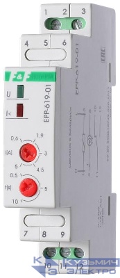 Реле тока EPP-619 (исп.1 (0.6-5А); сквозной канал; монтаж на DIN-рейке 35мм; 1 модуль; 230В AC 16А 1P IP20) F&F EA03.004.005