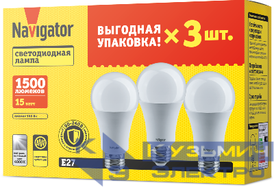Лампа светодиодная 95 321 NLL-A60-15-230-4K-E27-PACK3 NAVIGATOR 95321