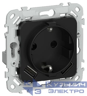 Розетка 1-м СП FLITE РСЮша11-1-ФлЧ 16А с USB A+A 3.1А с заземл. с защ. шторками безвинтовое крепление механизм черн. IEK FI-R14-16-1-U21-D31-K02