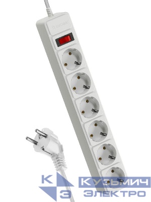 Удлинитель с сетевым фильтром 6х5м с заземл. 16А IP20 3.5кВт 3х1 с предохранителем с выкл. с индикатором сети бел. КОСМОС FKsm5m-6g(W)16A