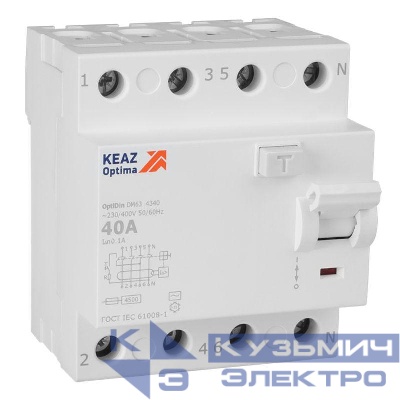 Выключатель дифференциального тока (УЗО) 4п 40А 100мА тип AC 4.5кА OptiDin DM63-4340 УХЛ4 КЭАЗ 343898