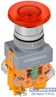 Кнопка D7-MDZS "Грибок" d22мм 1НО+1НЗ с подсветкой и фиксацией красн. GENERICA BBG50-11MDZS-3-11-K04-G