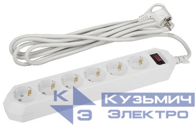 Удлинитель с сетевым фильтром 6х1.5м с заземл. 10А IP20 USF-6es-1.5m-W с выкл. с базов. защитой бел. Эра Б0037260