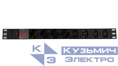 Блок розеток 19", 10-16A, 8 розеток (4 шт EU + 4 шт C13), без шнура, выключатель, с защитой,  корпус металл, черный