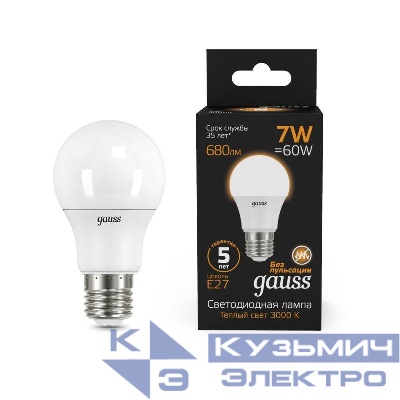 Лампа светодиодная Black 7Вт A60 грушевидная 3000К тепл. бел. E27 680лм GAUSS 102502107