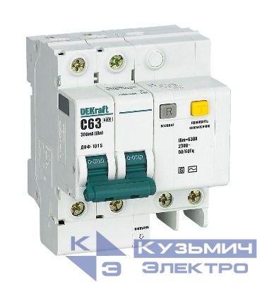 Выключатель автоматический дифференциального тока 2п 63А 300мА ДИФ-101 S селект. со встроен. защит. от сверхтоков DEKraft 15309DEK