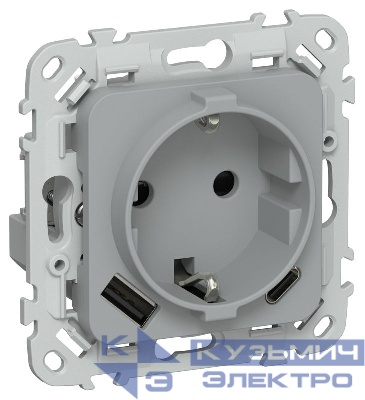 Розетка 1-м СП FLITE РСЮшс11-1-ФлС 16А с USB A+C 20Вт с заземл. с защ. шторками безвинтовое крепление механизм сер. IEK FI-R14-16-1-U22-020-K03