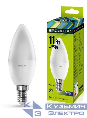 Лампа светодиодная LED-C35-11W-E14-6K 11Вт свеча 6500К холод. бел. E14 180-240В Ergolux 13620