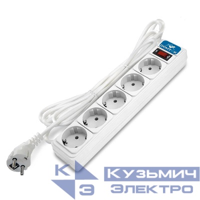 Удлинитель с сетевым фильтром 5х5м с заземл 10А IP20 2.2кВт ПВС 3х1 с выкл. бел. DOMTOK 2529
