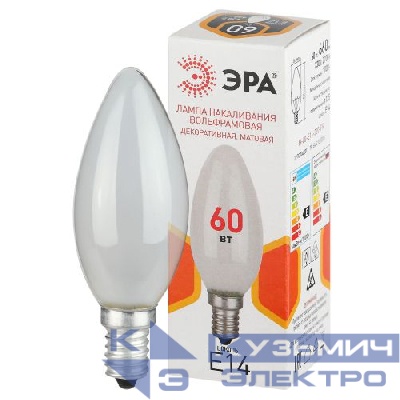 Лампа накаливания B36 60Вт свеча матовая E14/E14 230В Эра Б0066376