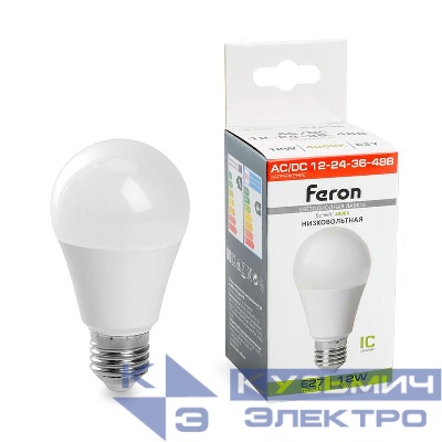 Лампа светодиодная LB-193 12Вт A60 грушевидная 4000К E27 12-48В низковольтная FERON 48729