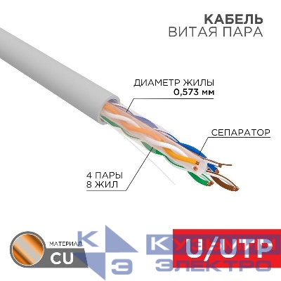 Кабель витая пара U/UTP кат.6 4х2х23AWG CU LSZH нг(А)-HF INDOOR SOLID сер. (305м) Rexant 01-0067