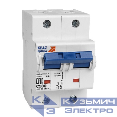 Выключатель автоматический модульный 2п (1P+N) C 125А 6кА OptiDin BM125-2NC125-8ln-УХЛ3 КЭАЗ 138542