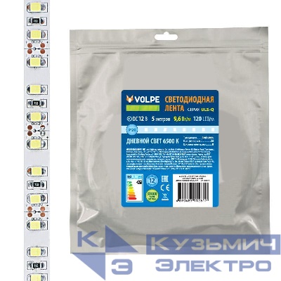 Лента светодиодная гибкая ULS-Q330 2835-120LED/m-8mm-IP20-DC12V-9.6Вт/m-5M-6500K на самоклеящейся основе (уп.5м) Volpe UL-00004539