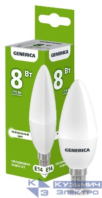 Лампа светодиодная C35 8Вт свеча 4000К E14 230В GENERICA LL-C35-08-230-40-E14-G