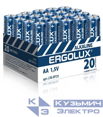 Элемент питания алкалиновый AA/LR6 1.5В Alkaline BP-20 ПРОМО (уп.20шт) Ergolux 14675
