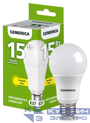 Лампа светодиодная A60 15Вт грушевидная 3000К E27 230В GENERICA LL-A60-15-230-30-E27-G