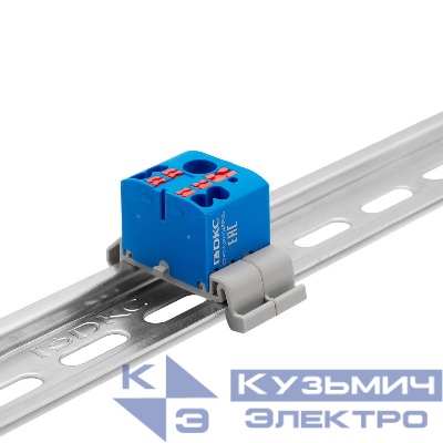 Блок распределительный с горизонт. адаптером на рейку шир. 35мм зажим push-in 1 ввод 6кв.мм 4 точки подключения 2.5кв.мм син. DKC DTP1-104-104SPUB-H