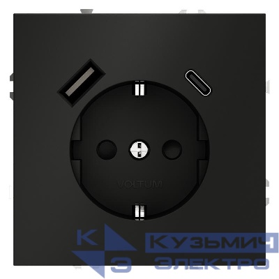 Розетка 1-м СП S70 16А с USB A+С с заземл. защ. шторки механизм черн. матов. Voltum VLS040508