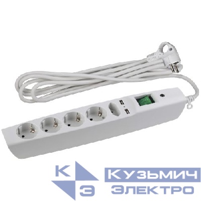 Удлинитель с сетевым фильтром 5х2м с заземл. 10А IP20 U-5es-2m-W 2хUSB ПВС 3х0.75 с выкл. защ. шторки бел. Эра C0043327