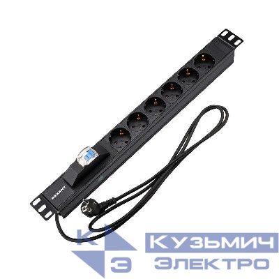 Блок распределения питания PDU 6 розеток СЕЕ 7/4 Schuko 16А автомат защиты вилка СЕЕ 7/7 горизонт. шнур 2м корпус алюм. Rexant 04-0103-1