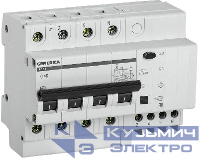 Выключатель автоматический дифференциального тока 4п 40А 30мА АД14 GENERICA MAD15-4-040-C-030