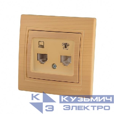 Розетка компьютерная + телефонная 2-м Mira RJ45 + RJ11 ясень LEZARD 701-4747-143