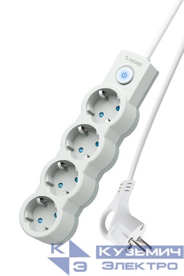 Удлинитель 4х3м с заземл. 10А IP20 2200Вт 220В защ. шторки ПВС 3х1 с выкл. бел. КОСМОС YKsm3m-4g-Z-V10A-W