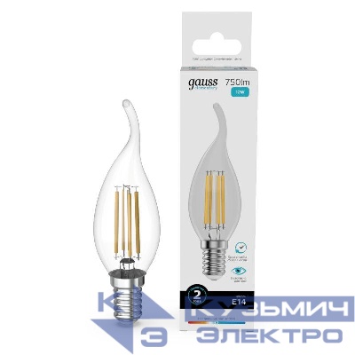 Лампа светодиодная филаментная Filament Elementary 12Вт свеча на ветру 4100К Е14 750лм GAUSS 42122