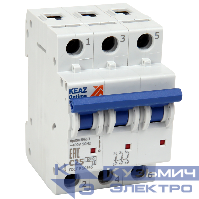 Выключатель автоматический модульный 3п D 3А 10кА OptiDin BM63-M-3D3-10-УХЛ3 КЭАЗ 294803